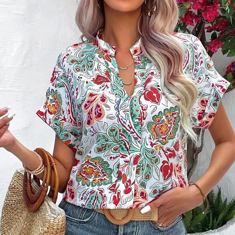 2023 Summer New Fashion V-neck Printed T-shirt