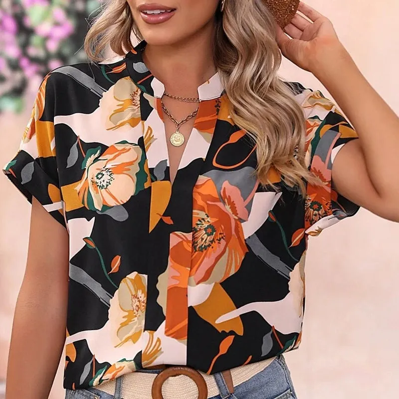 2023 Summer New Fashion V-neck Printed T-shirt