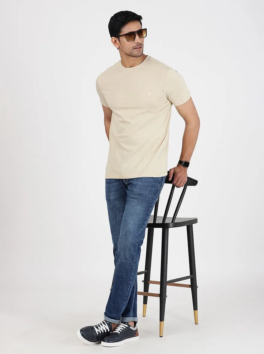 Beige Solid Slim Fit T-Shirt | JadeBlue