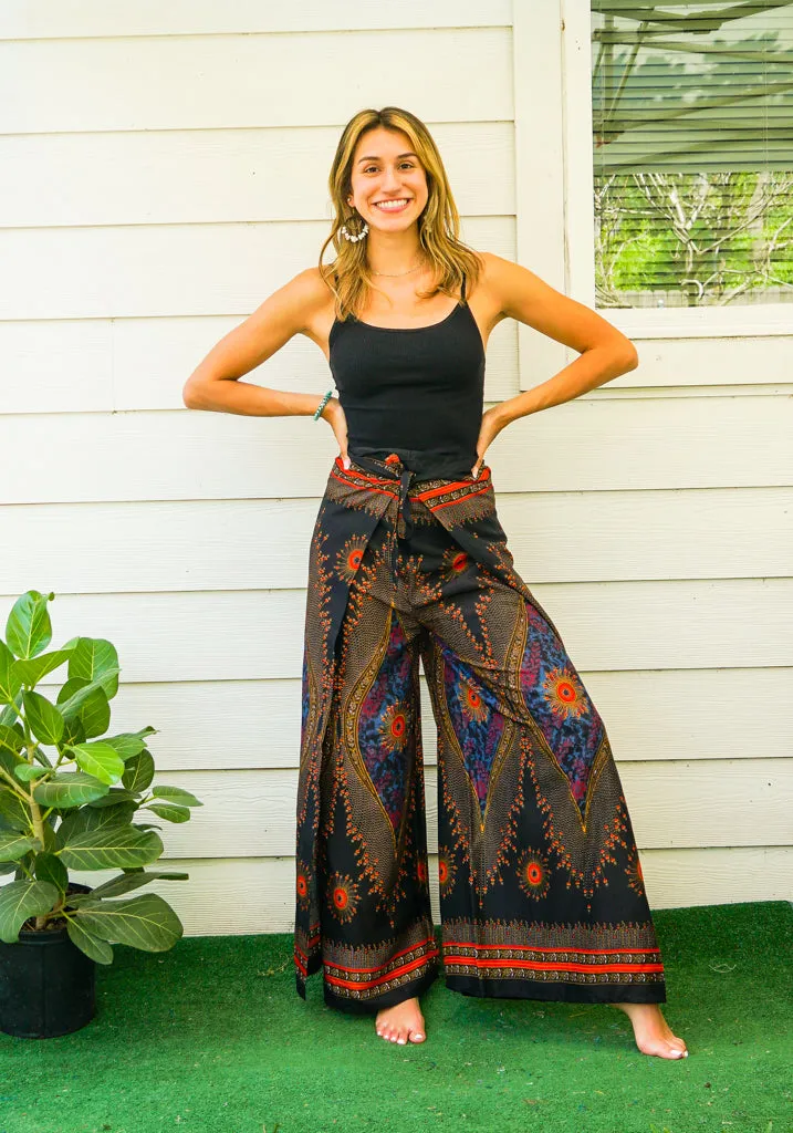 Black Peacock Mandala Palazzo Wrap Pants