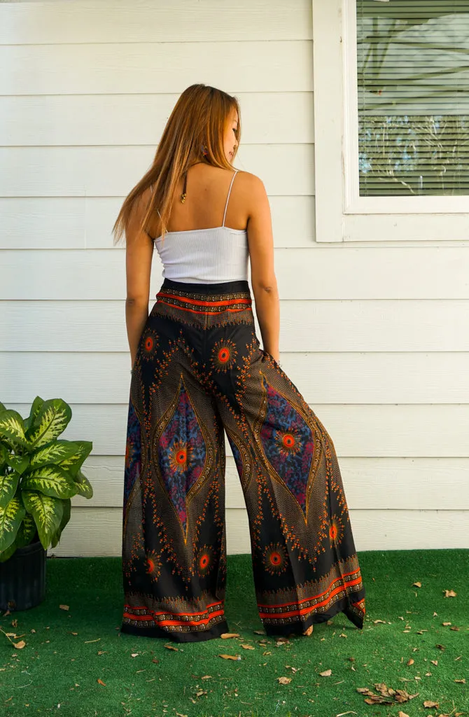 Black Peacock Mandala Palazzo Wrap Pants