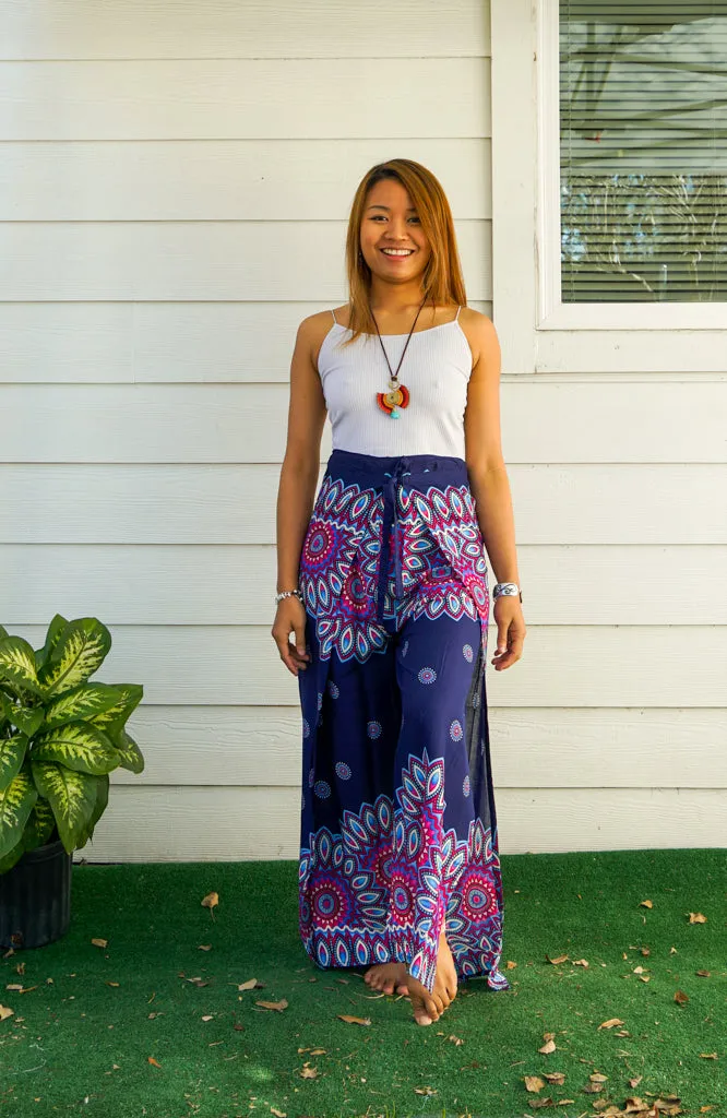 Blue Floral Mandala Palazzo Wrap Pants