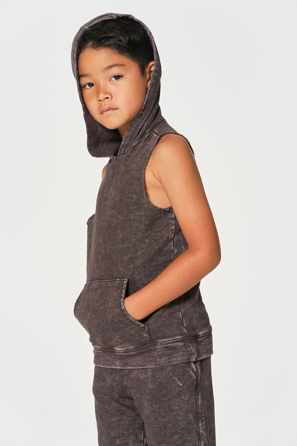 Boys Linen French Terry Sleeveless Muscle Pullover Hoodie