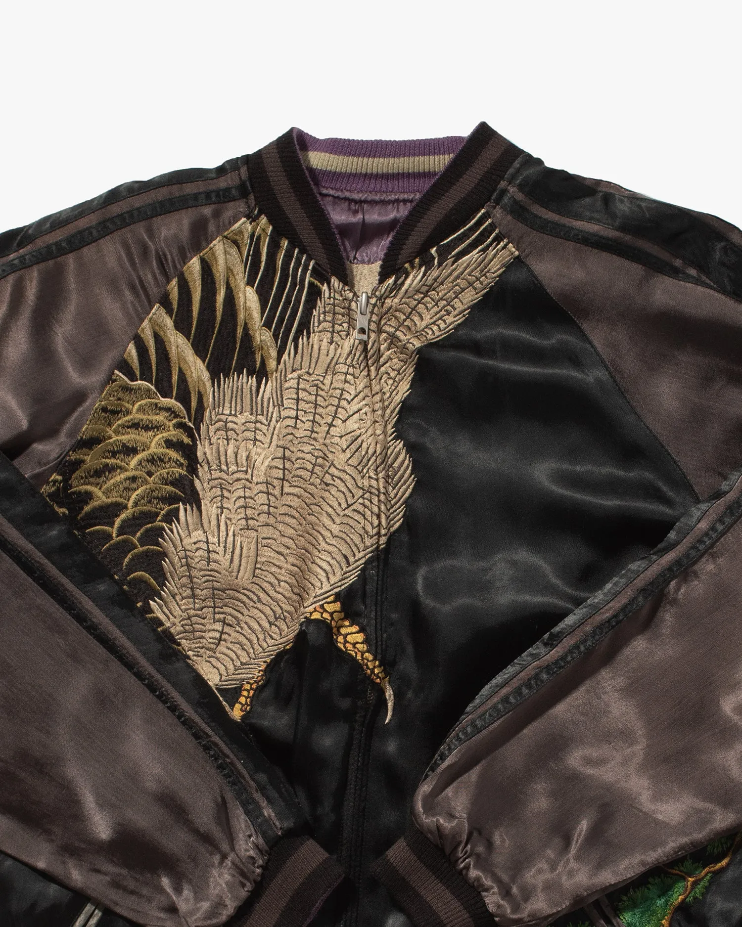 Japanese Repro Reversible Souvenir Jacket, Hyakka Ryoran Brand, Purple Japanese Cranes and Mt. Fuji With Green Sleeves