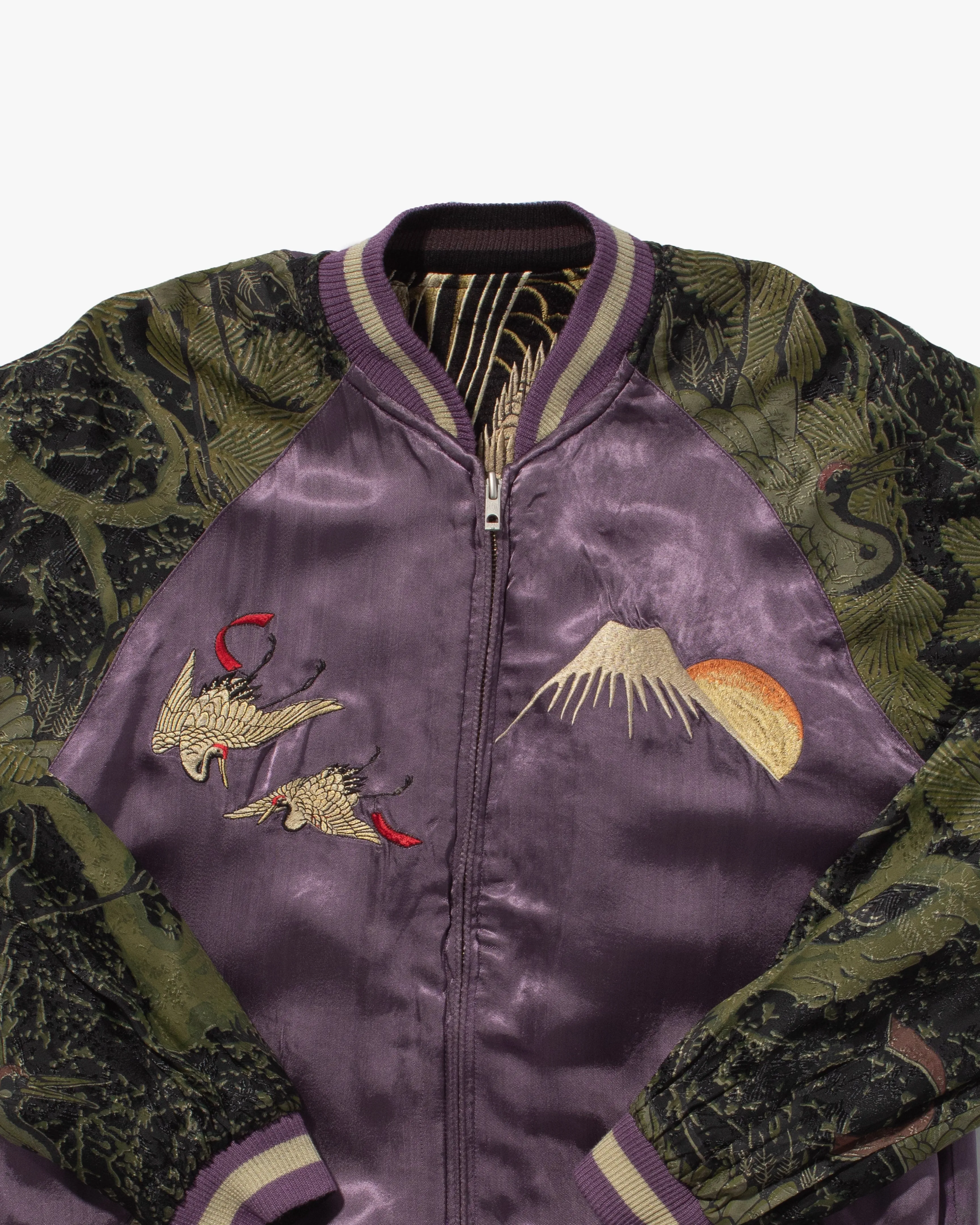 Japanese Repro Reversible Souvenir Jacket, Hyakka Ryoran Brand, Purple Japanese Cranes and Mt. Fuji With Green Sleeves