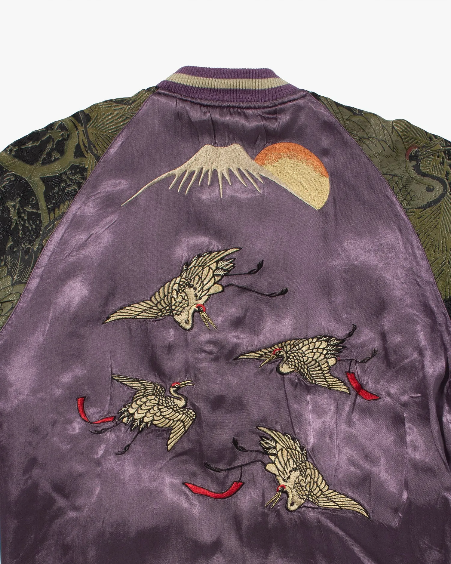 Japanese Repro Reversible Souvenir Jacket, Hyakka Ryoran Brand, Purple Japanese Cranes and Mt. Fuji With Green Sleeves