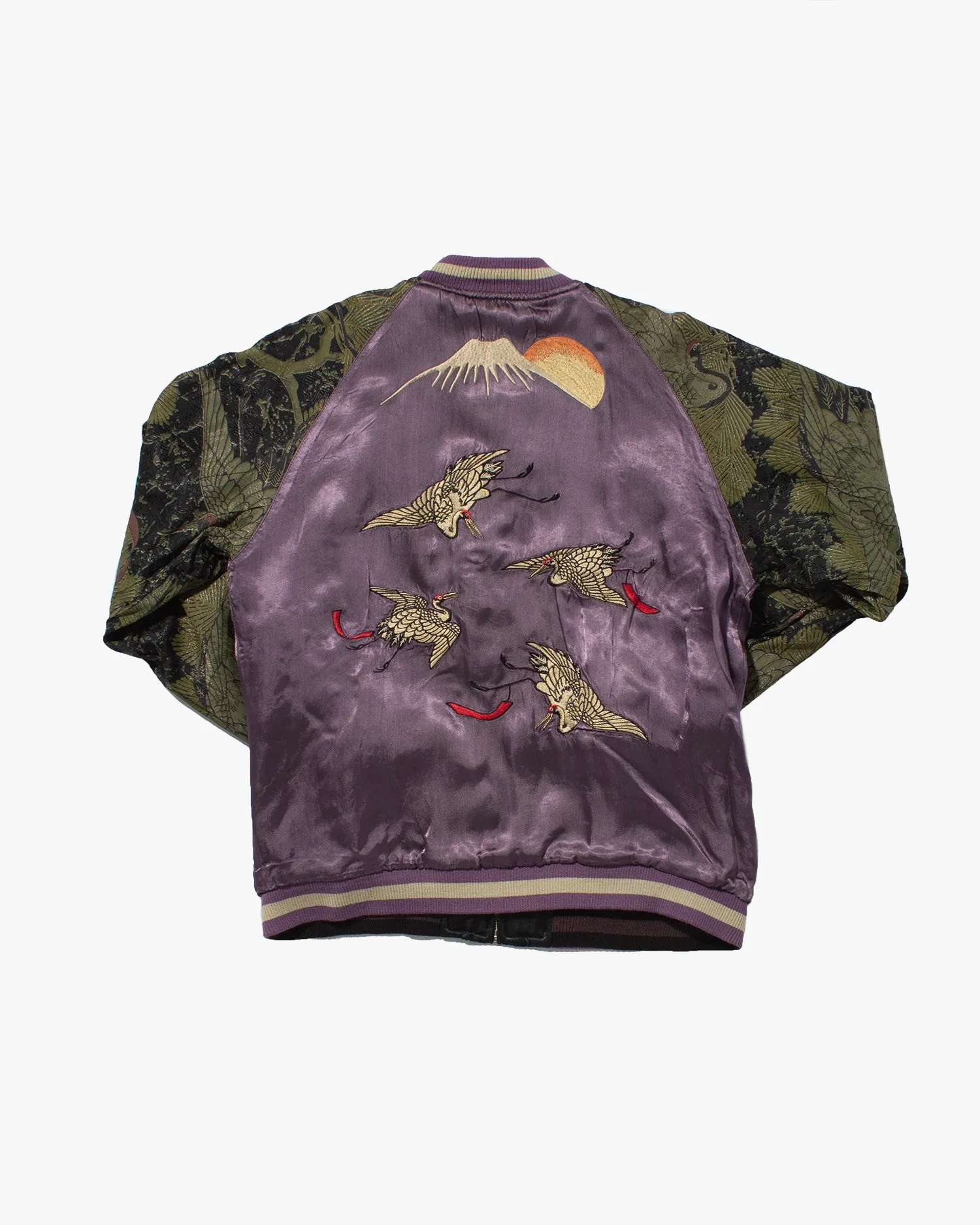 Japanese Repro Reversible Souvenir Jacket, Hyakka Ryoran Brand, Purple Japanese Cranes and Mt. Fuji With Green Sleeves