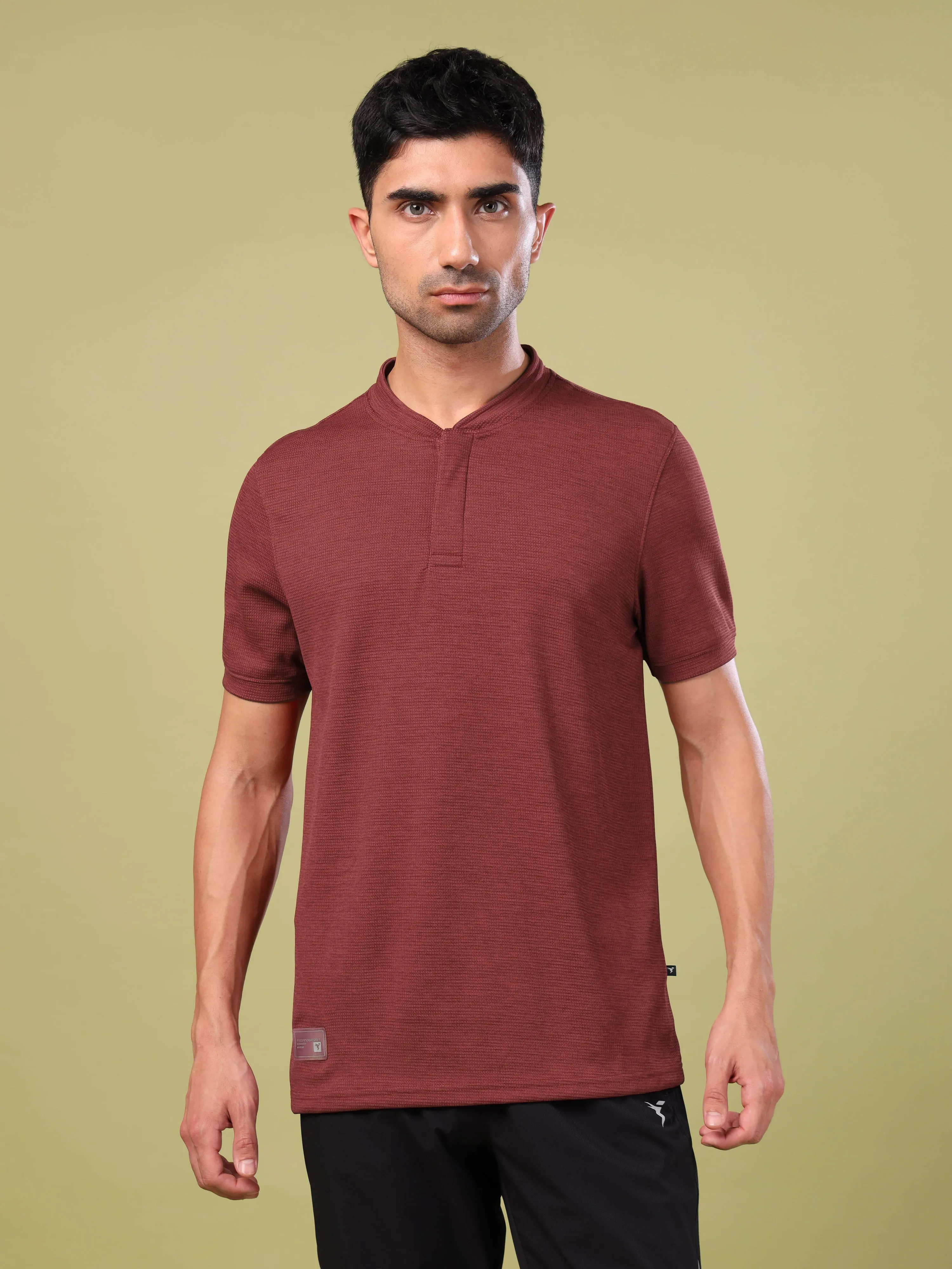 Men Cubic Melange Slim Fit Henley Neck Sports T-shirt with DOUBLE COOL