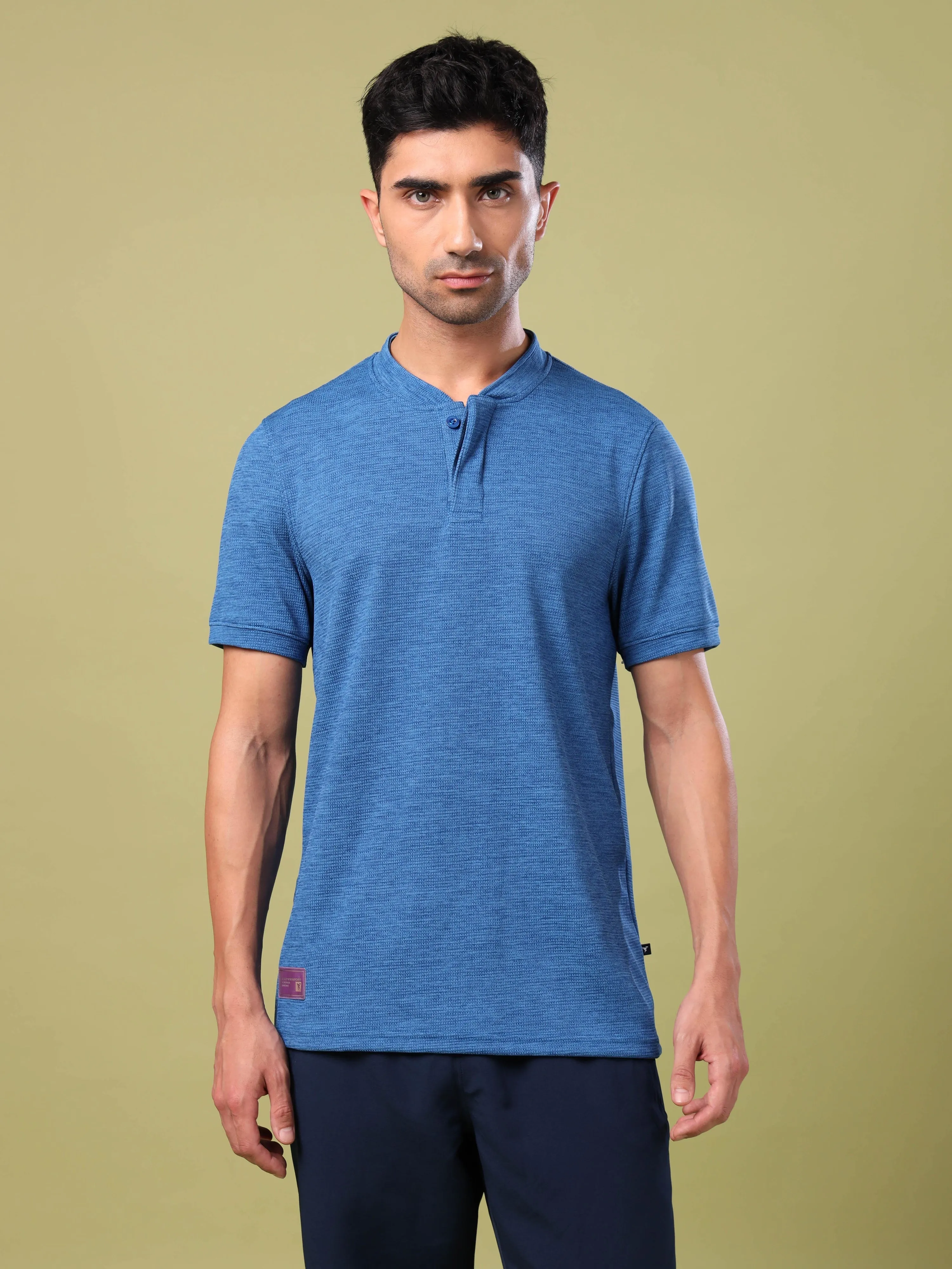 Men Cubic Melange Slim Fit Henley Neck Sports T-shirt with DOUBLE COOL