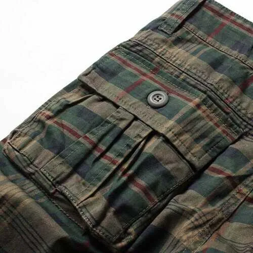 Multi-pocket Cotton Plaid Knee Length Shorts