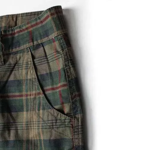 Multi-pocket Cotton Plaid Knee Length Shorts