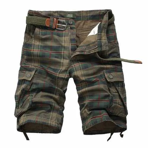 Multi-pocket Cotton Plaid Knee Length Shorts