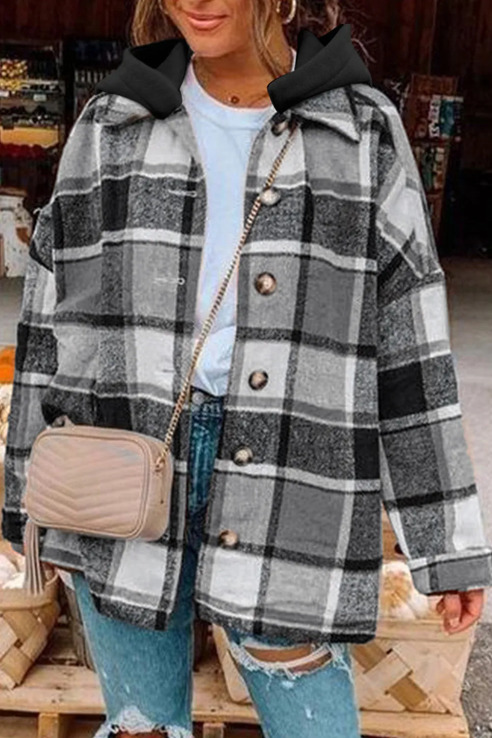 Plus Size Plaid Button up Hooded Jacket