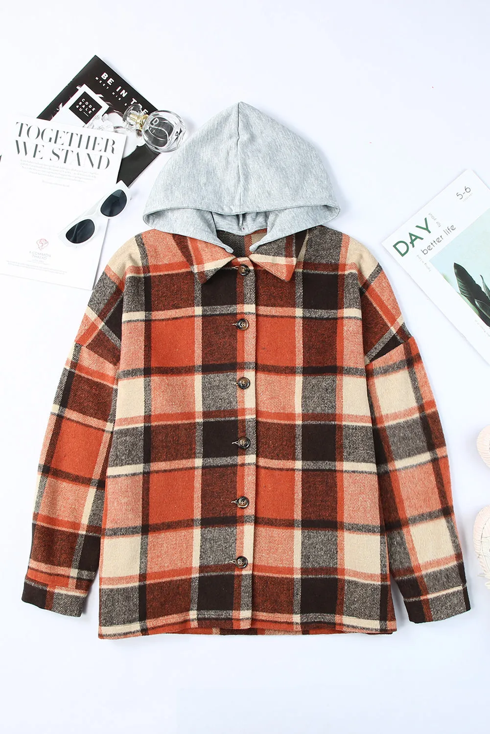 Plus Size Plaid Button up Hooded Jacket