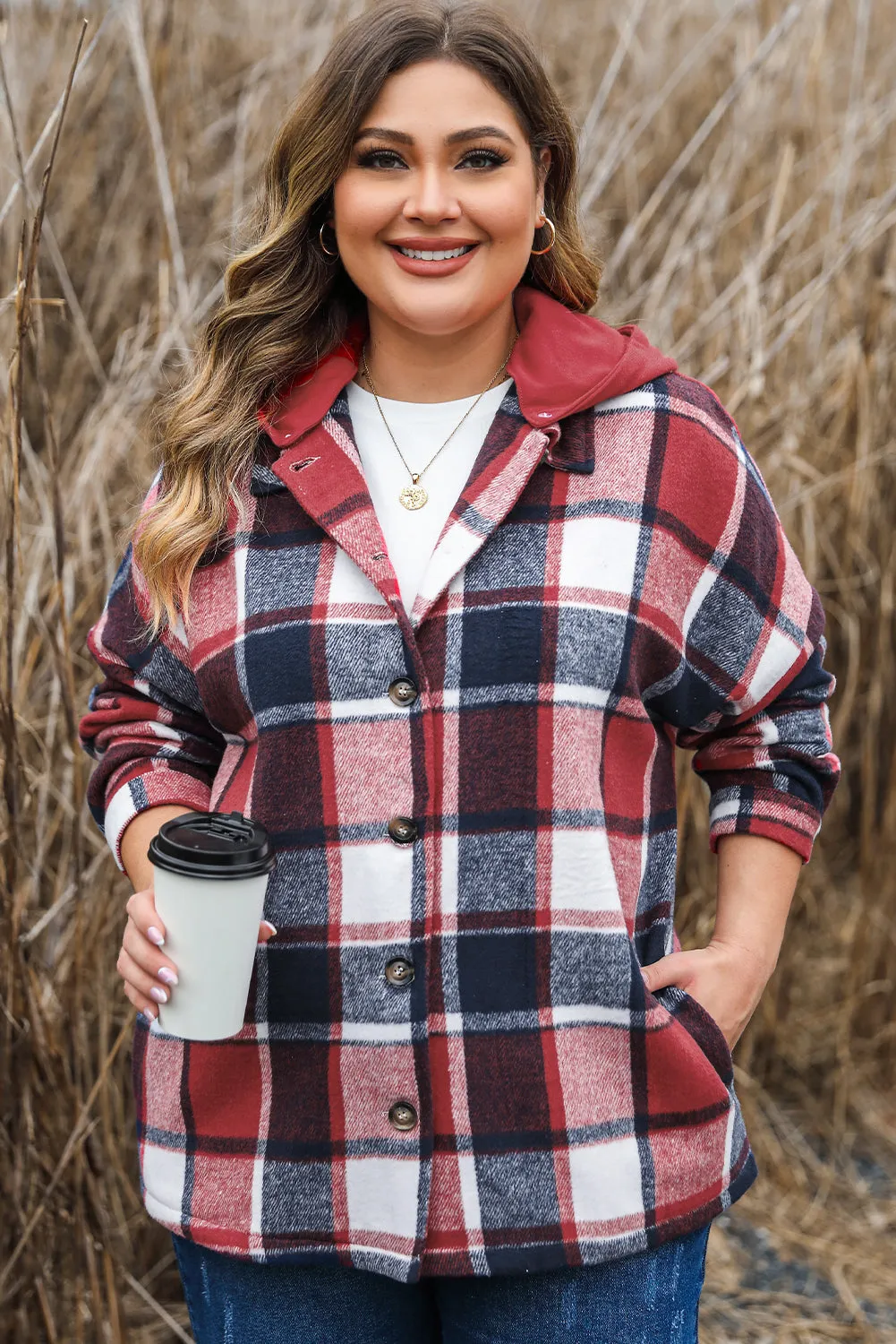 Plus Size Plaid Button up Hooded Jacket