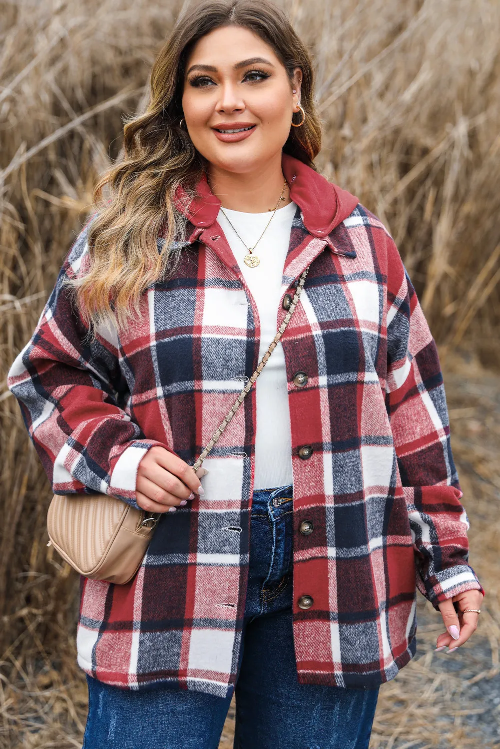 Plus Size Plaid Button up Hooded Jacket