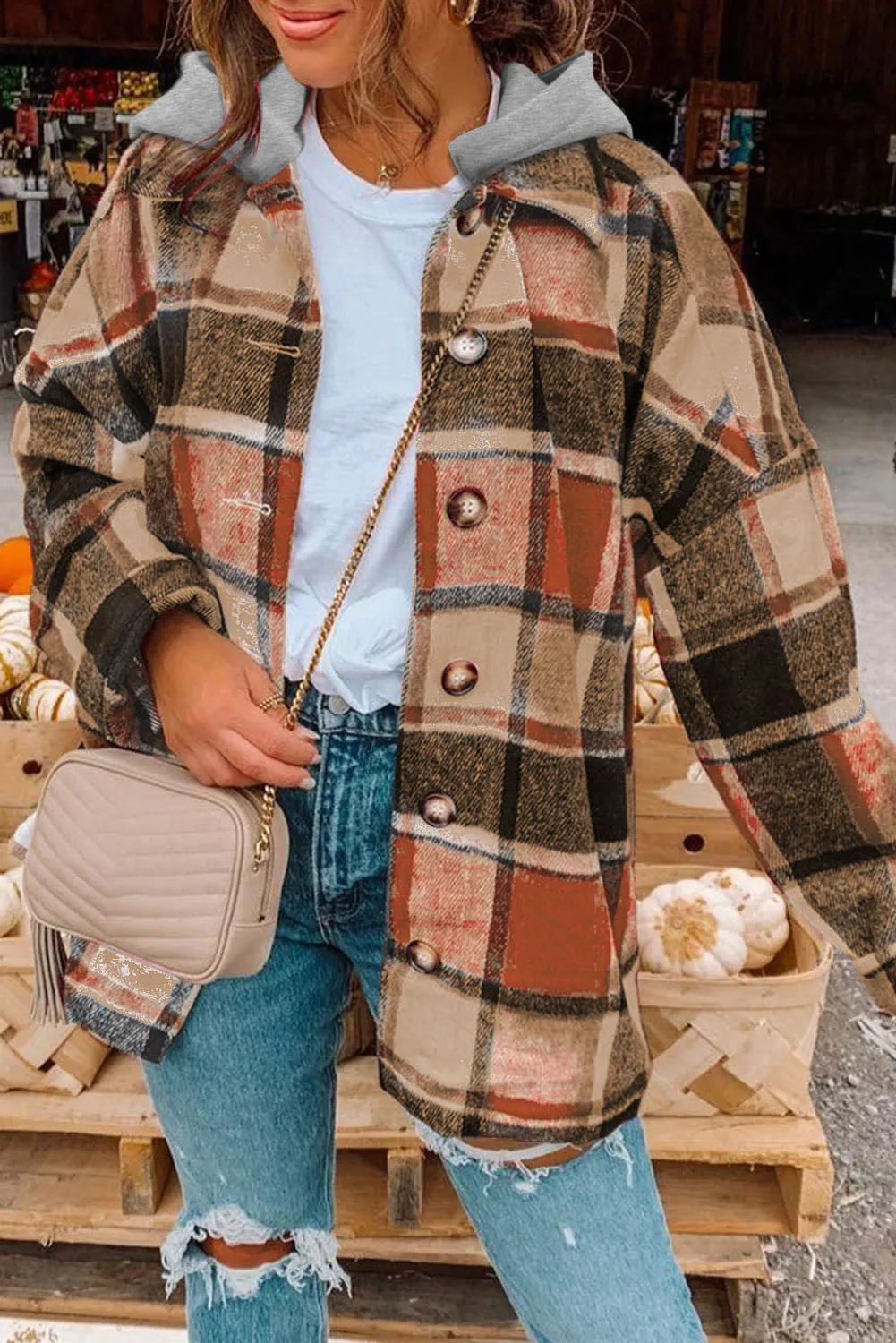 Plus Size Plaid Button up Hooded Jacket