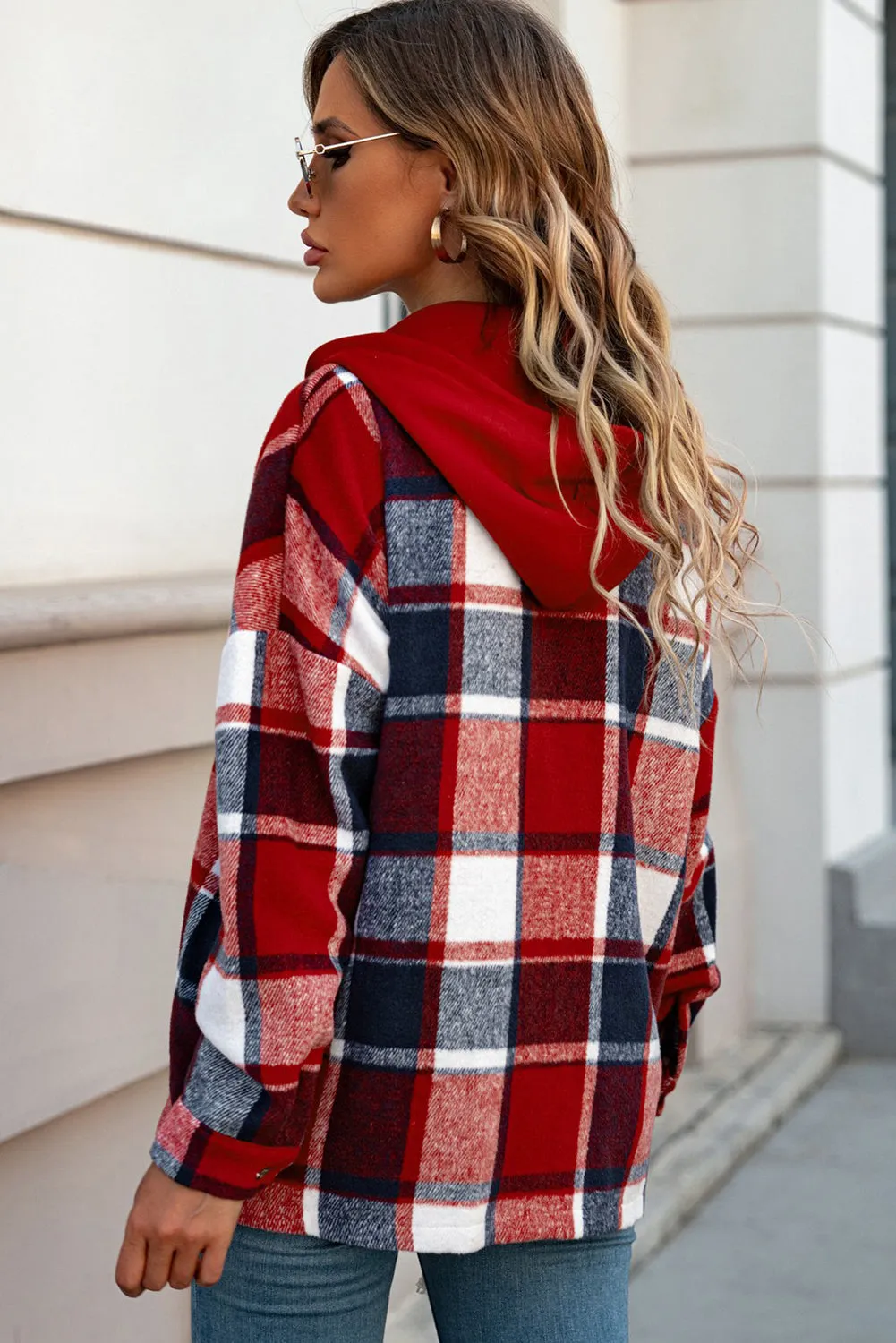 Plus Size Plaid Button up Hooded Jacket