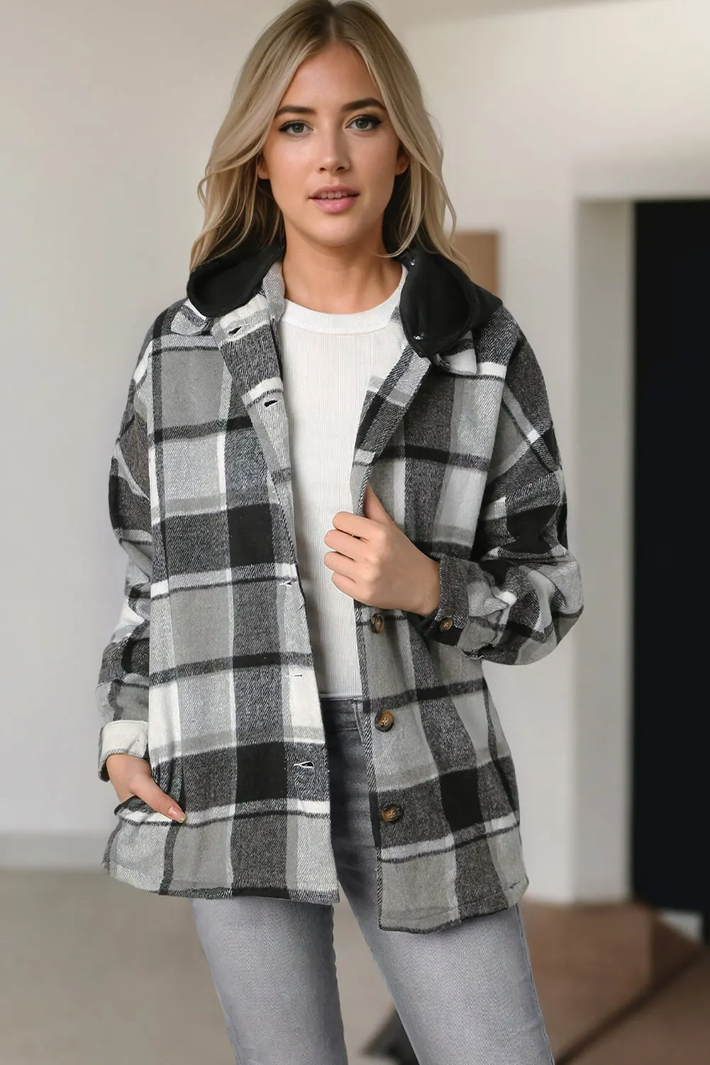 Plus Size Plaid Button up Hooded Jacket