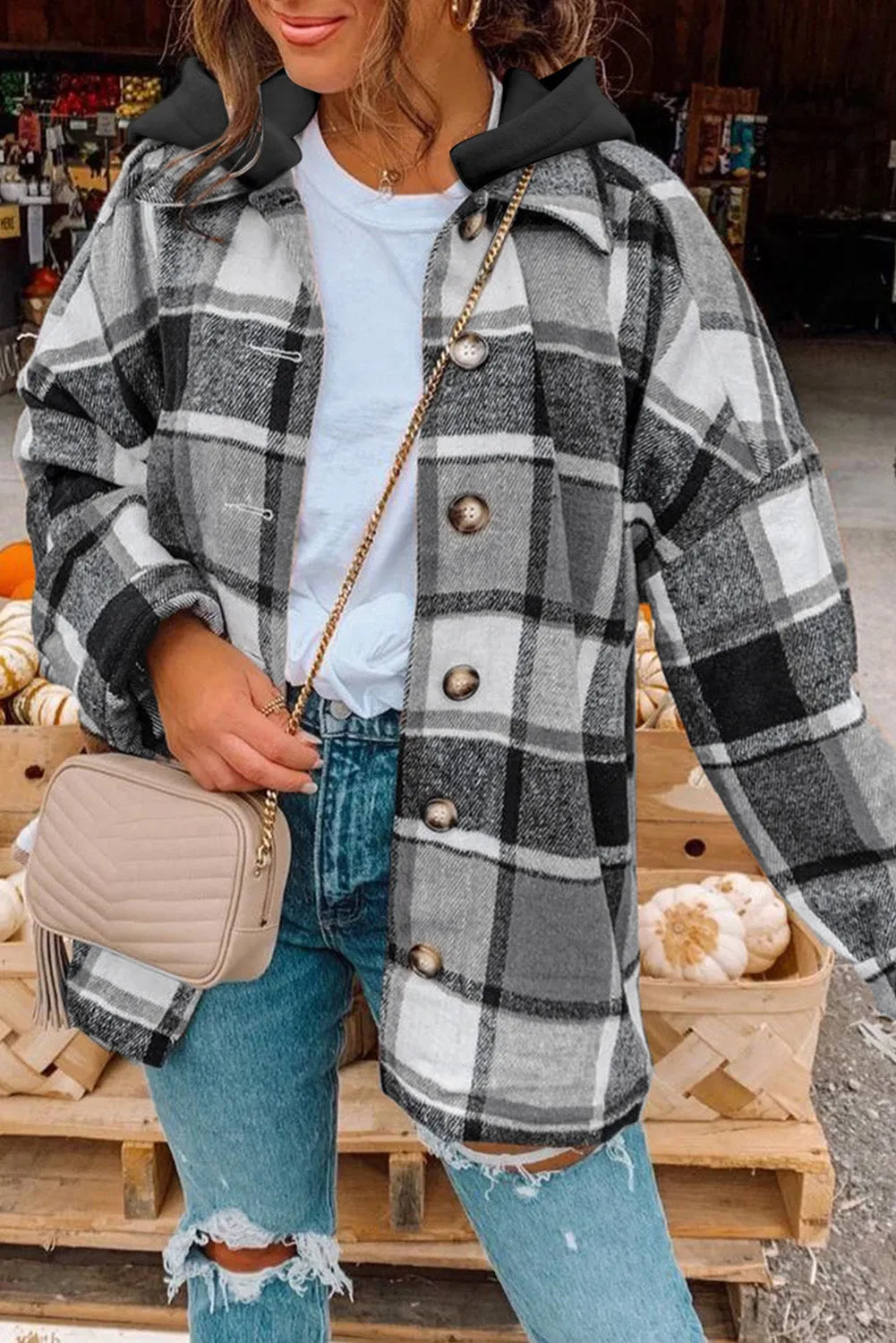 Plus Size Plaid Button up Hooded Jacket