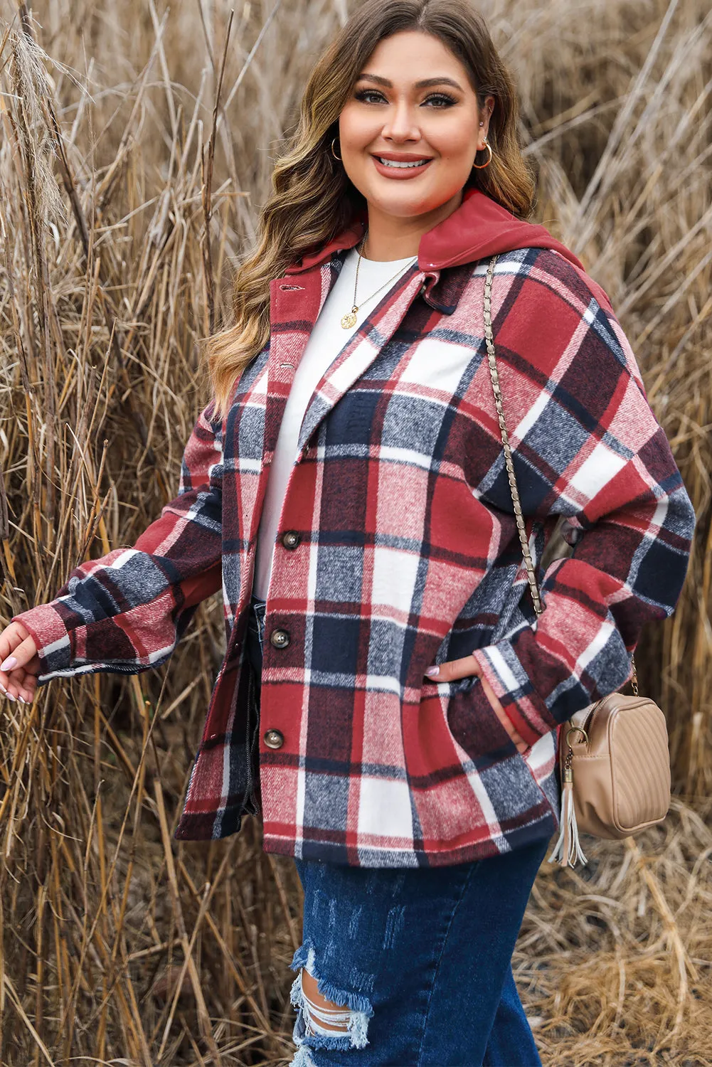 Plus Size Plaid Button up Hooded Jacket