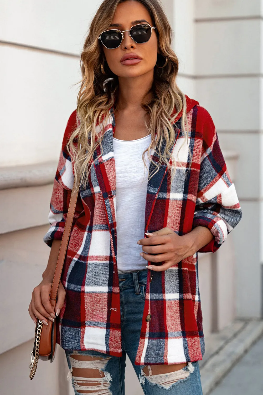 Plus Size Plaid Button up Hooded Jacket