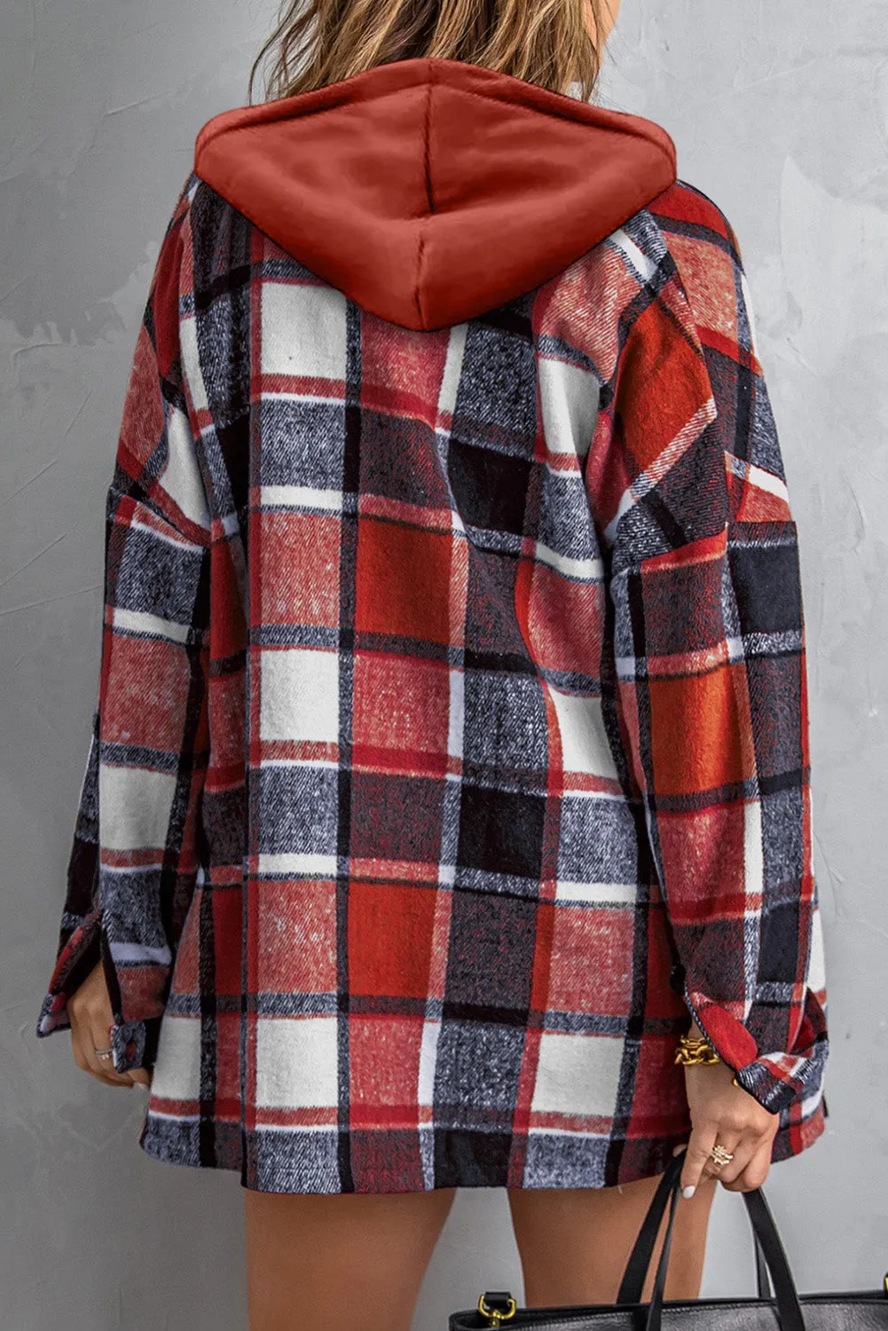 Plus Size Plaid Button up Hooded Jacket