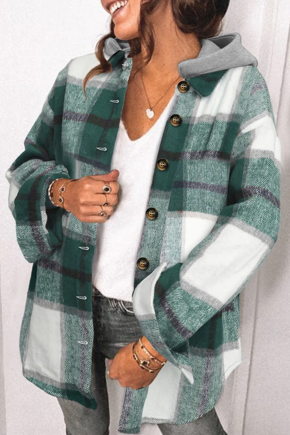 Plus Size Plaid Button up Hooded Jacket