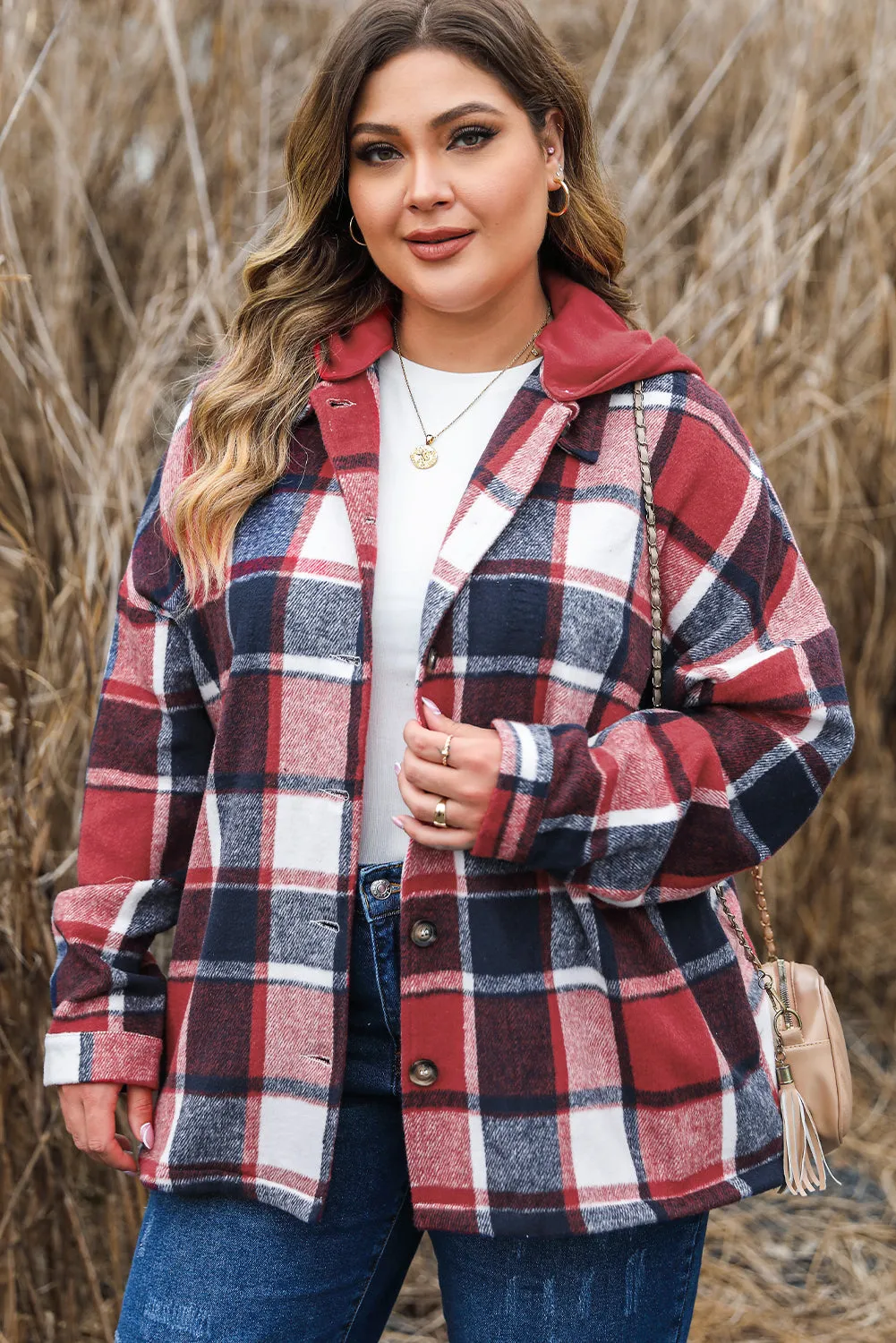 Plus Size Plaid Button up Hooded Jacket