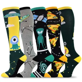 TeeHee Socks Women's Novelty Cotton Knee High Alien Galaxy 5-Pack (12278)