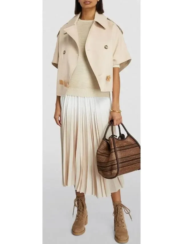 Women’s Beige Short-Sleeve Trench Jacket with Buckled Leather Belt Tab