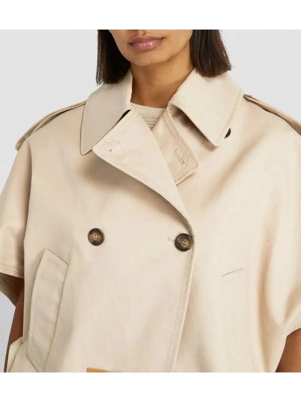 Women’s Beige Short-Sleeve Trench Jacket with Buckled Leather Belt Tab