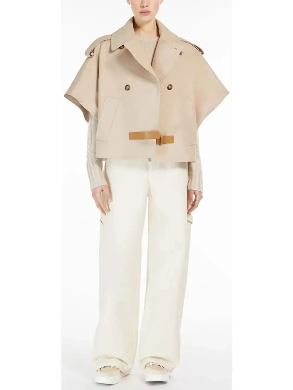 Women’s Beige Short-Sleeve Trench Jacket with Buckled Leather Belt Tab